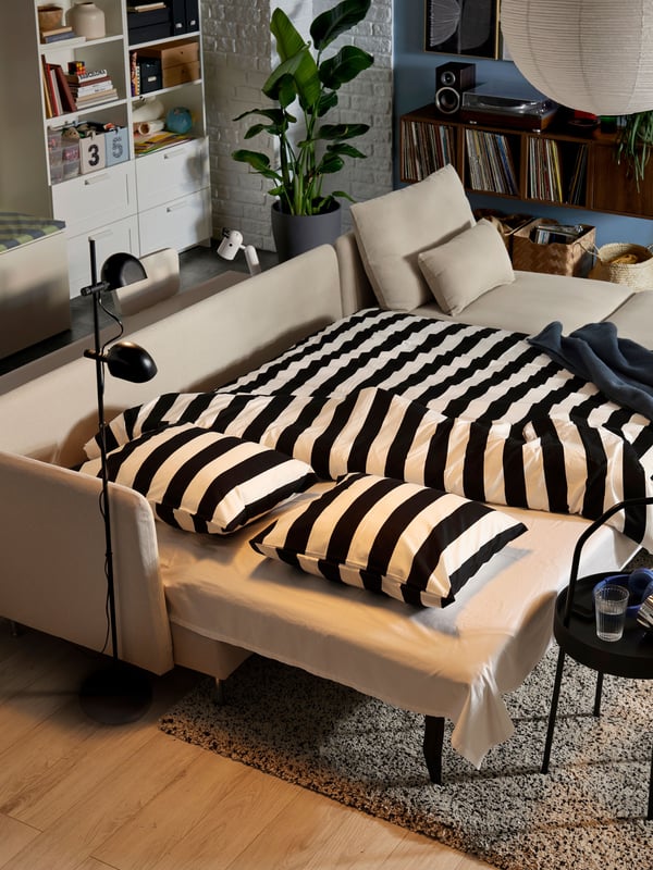 A with chaise longue with open end/Fridtuna light beige SÖDERHAMN 4-seat sofa-bed