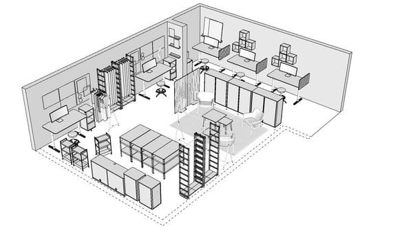 O schiță 3D alb-negru schematică a unei camere mari mobilate ca spațiu de lucru aerisit, în plan deschis.