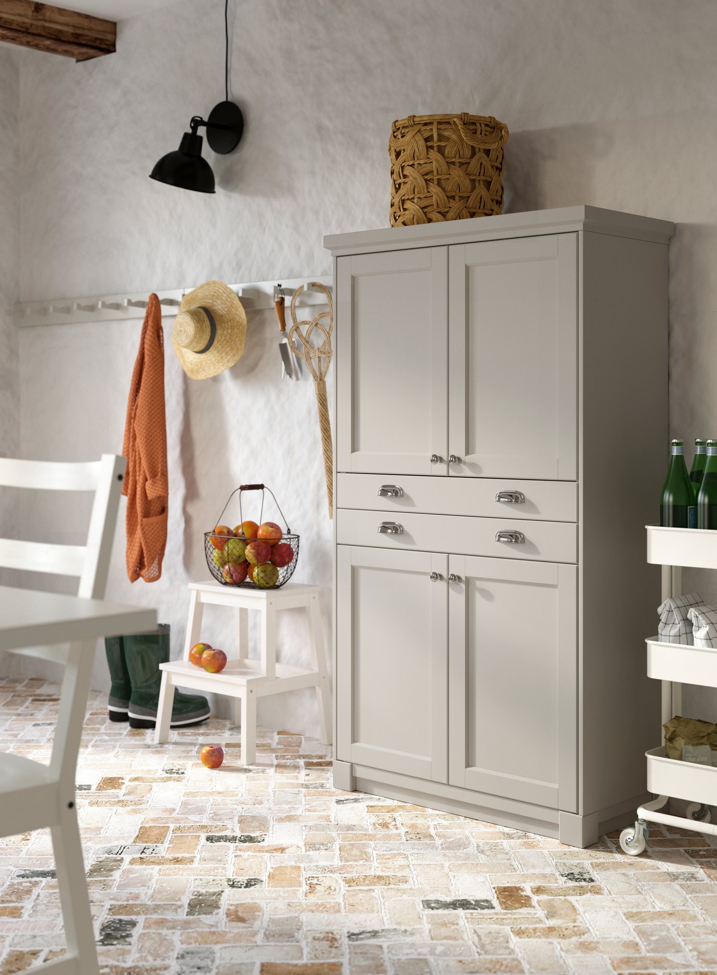 A light grey LERHYTTAN corner leg for decorative plinth in the kitchen