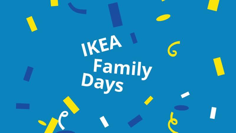IKEA Family Days Werbegrafik mit weißem Text auf blauem Hintergrund und buntem Konfetti in Blau, Gelb und Weiß.