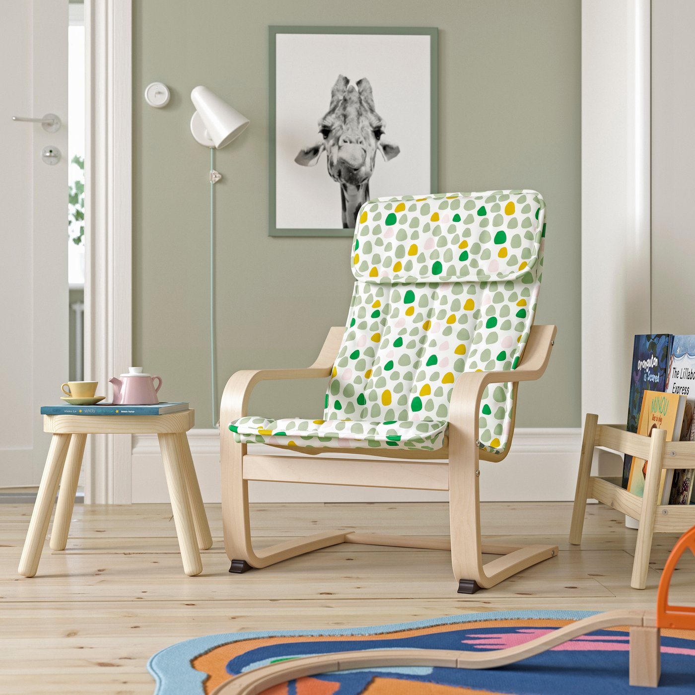 IKEA POÄNG barnfåtölj, björkfaner/ulvsby prickmönster