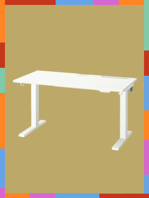 Bureau MITTZON blanc détouré sur fond beige avec bordure de couleurs rouge, bleu, violet, rose, orange et vert.