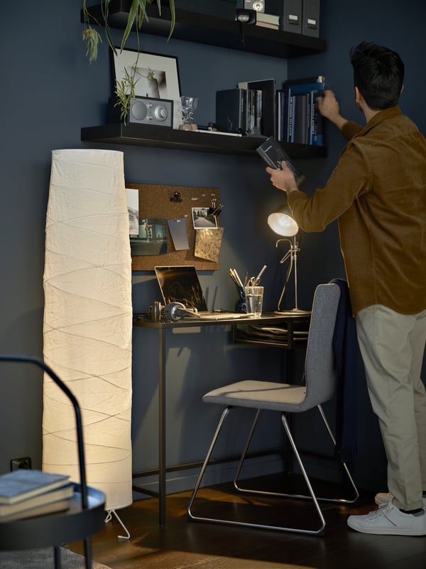 IKEA VICKLEBY white paper floor lamp in the home office.