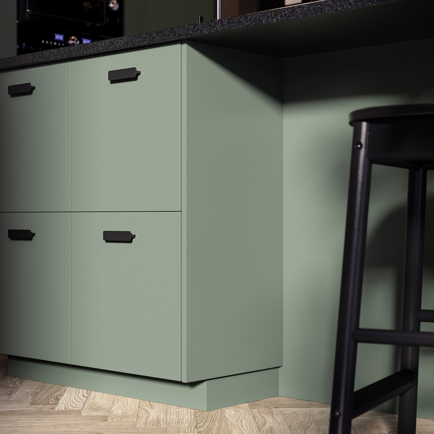 A kitchen with matt grey-green NICKEBO fronts.