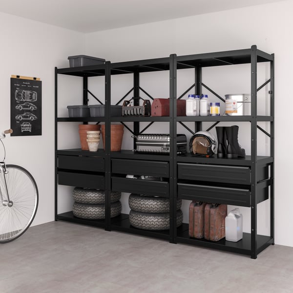 A black BROR shelving unit with drawers/shelves