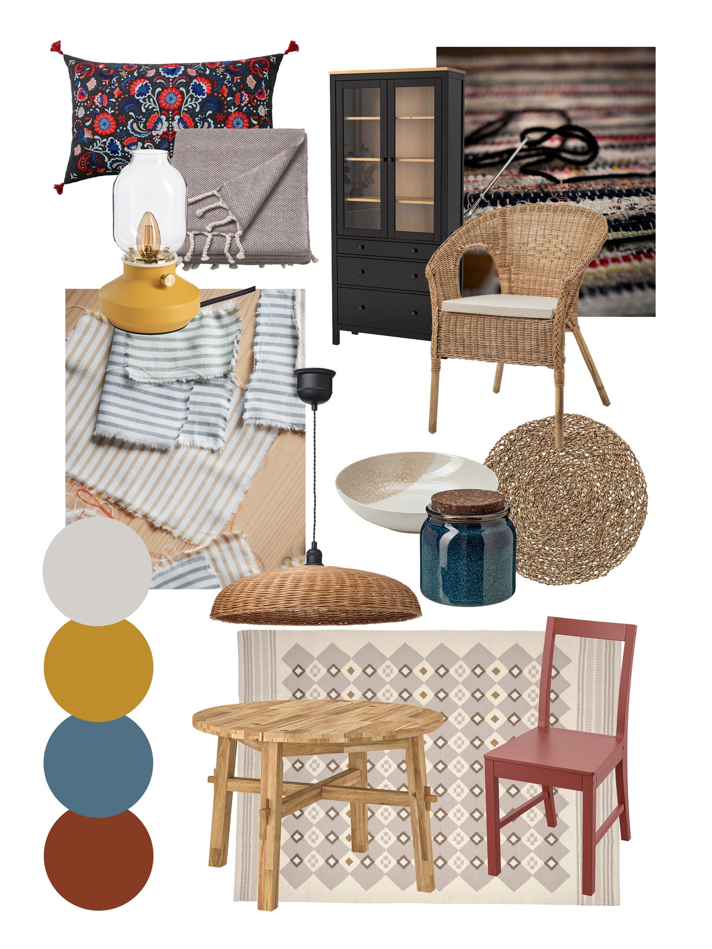 Moodboard med rustik och hantverksinspirerad stil: rottingstol, svart vitrinskåp, träbord, randiga textilier, keramik, naturmaterial och varma jordtoner.