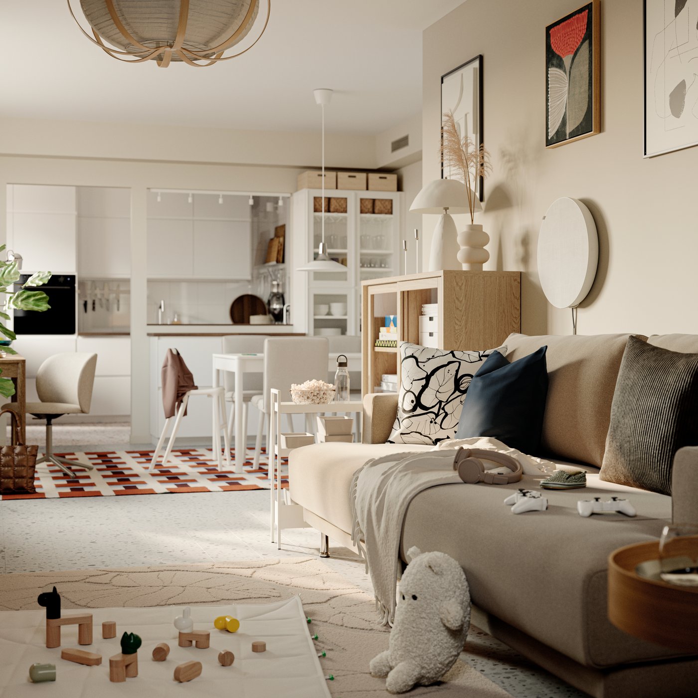 Divano componibile a 3 posti UPPÅKRA vicino a un mobile TONSTAD con ante scorrevoli in vetro.