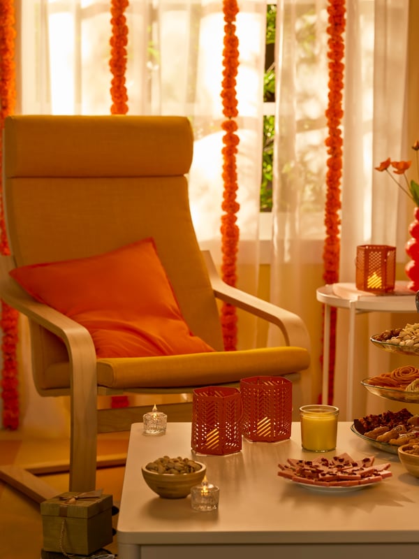 A birch veneer/Knisa bright orange POÄNG armchair