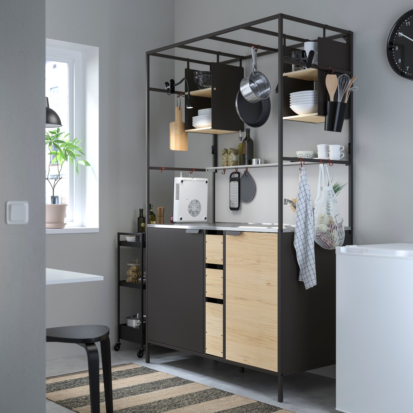 A black/ash ÄSPINGE kitchenette
