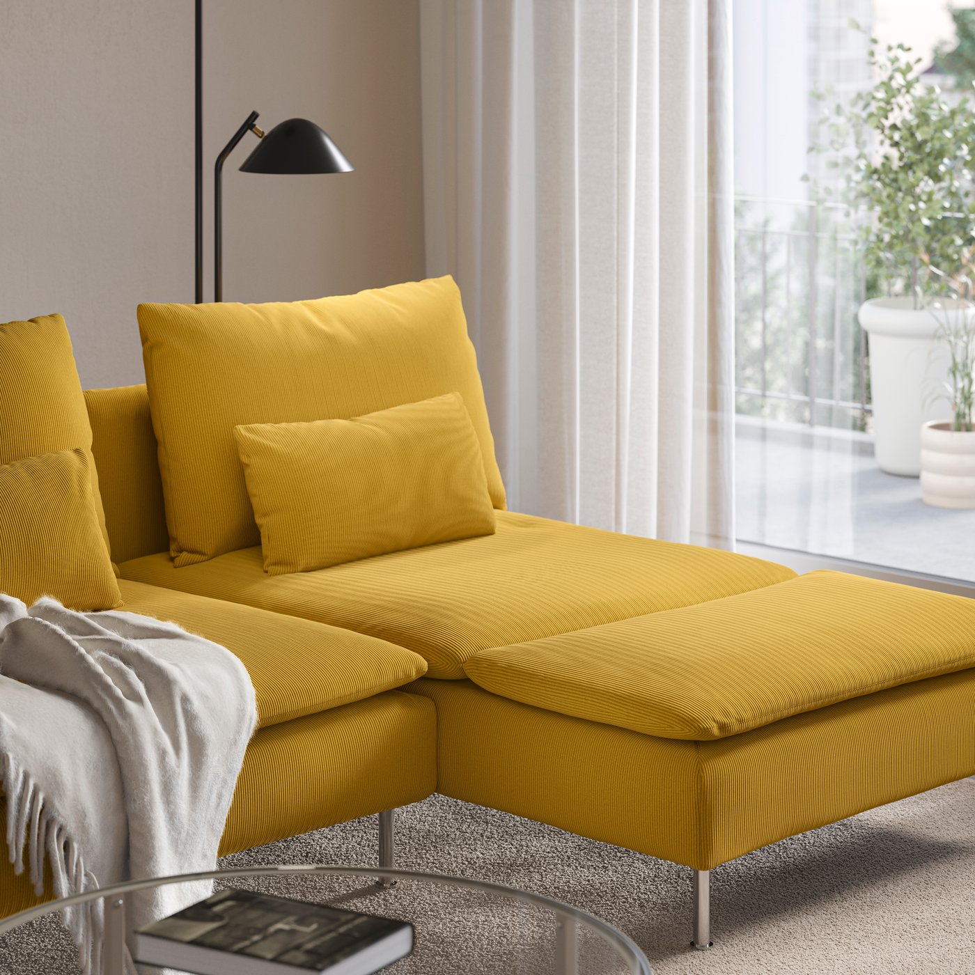 SÖDERHAMN 4-seat sofa with chaise longue 48 cm and open end/Kelinge dark yellow in the living room