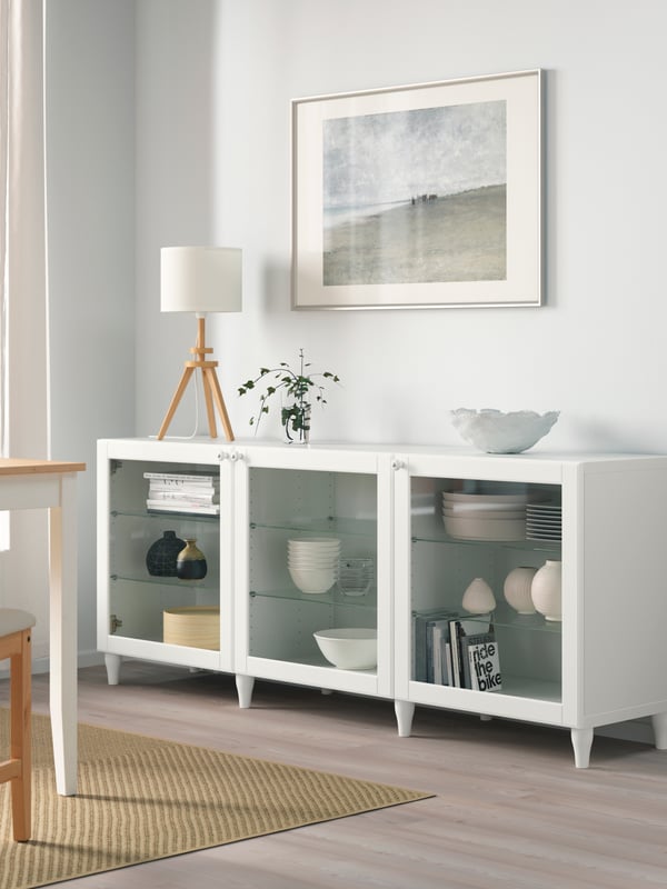 Combinaison de rangement BESTÅ en verre clair blanc/Ostvik/Kabbarp avec portes