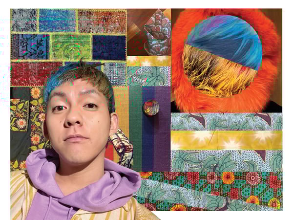 A collage with a portrait of Jamie and images with colourful prints.