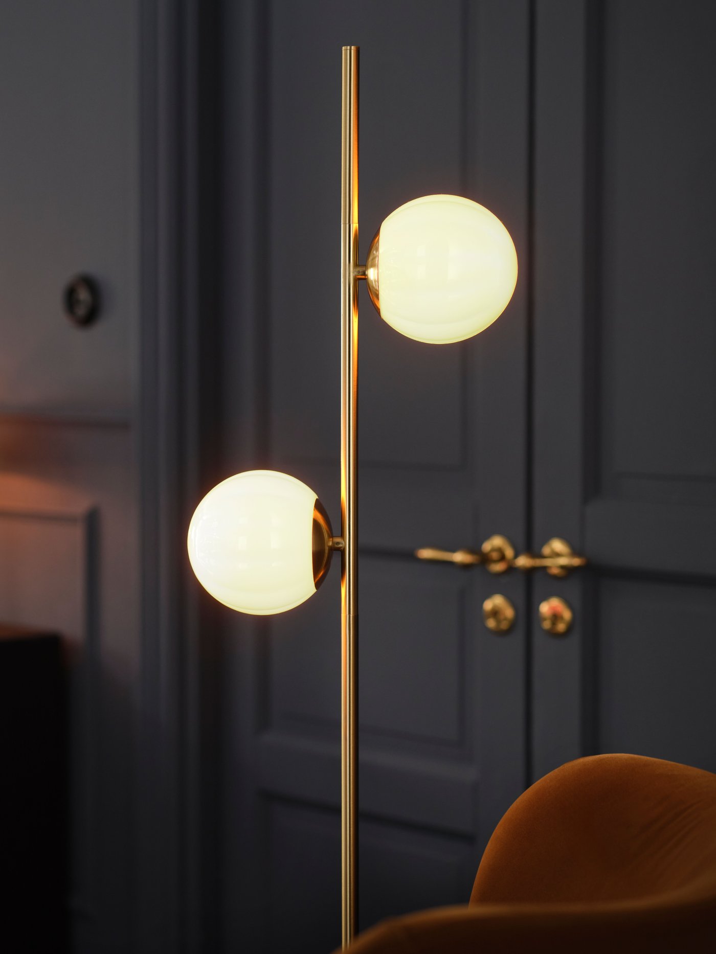 New IKEA product. AKTERSPRING floor lamp, opal white glass/brass-plated, 162 cm. Price: $69.90