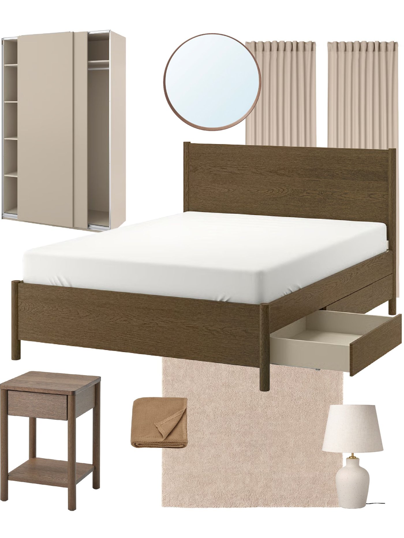 A brown stained oak veneer TONSTAD bedside table in the bedroom