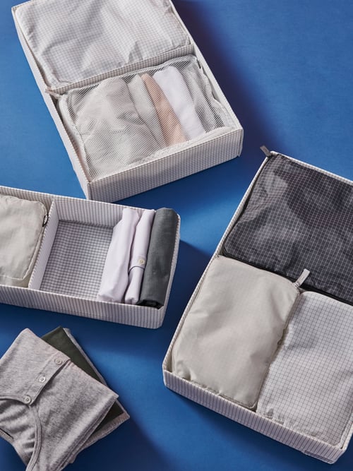 A blue surface has storage boxes holding folded shirts and a set of three RENSARE clothes bags in check pattern/grey black.