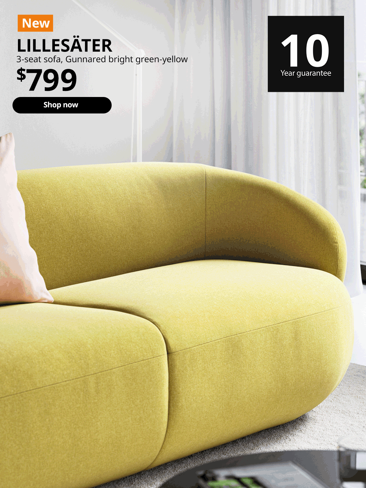 New IKEA product. Gunnared bright green-yellow LILLESÄTER 3-seat sofa in living room. Price: $799
