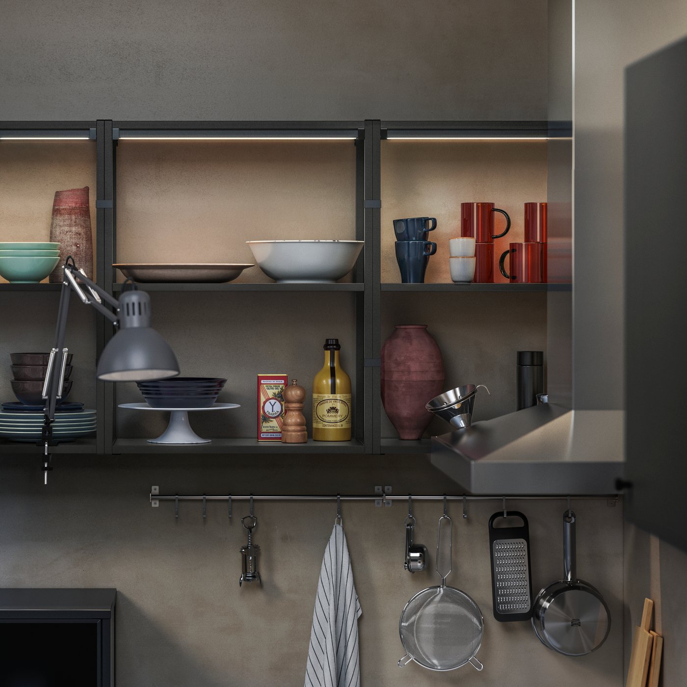 A modern kitchen shelf showcases various dishware, including a blue bowl, red mugs, and decorative bottles.