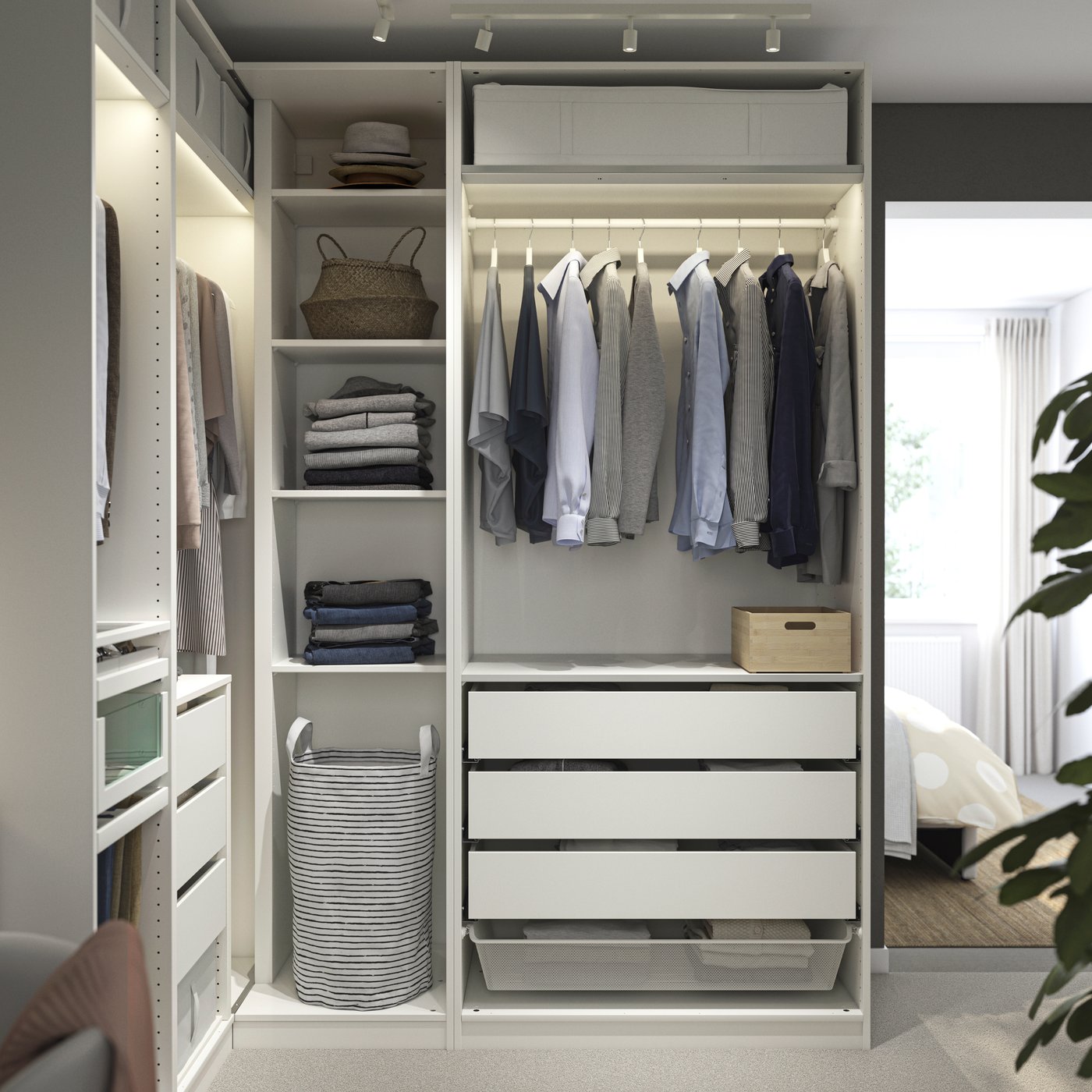 A white PAX corner wardrobe in the bedroom.