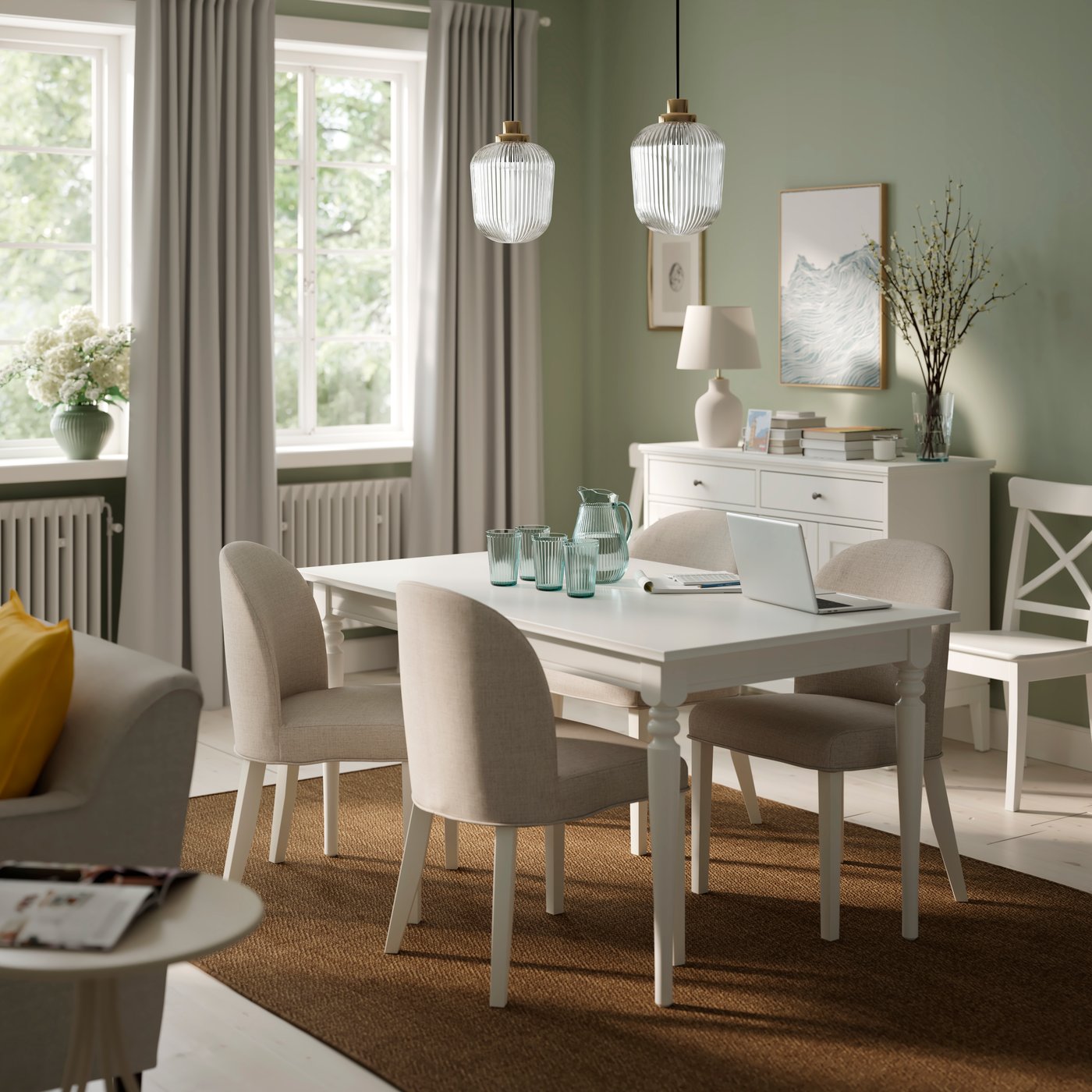 IKEA ROSENTORP / bord och 4 stolar, vit/kilanda ljusbeige vit, 155/215x87 cm
