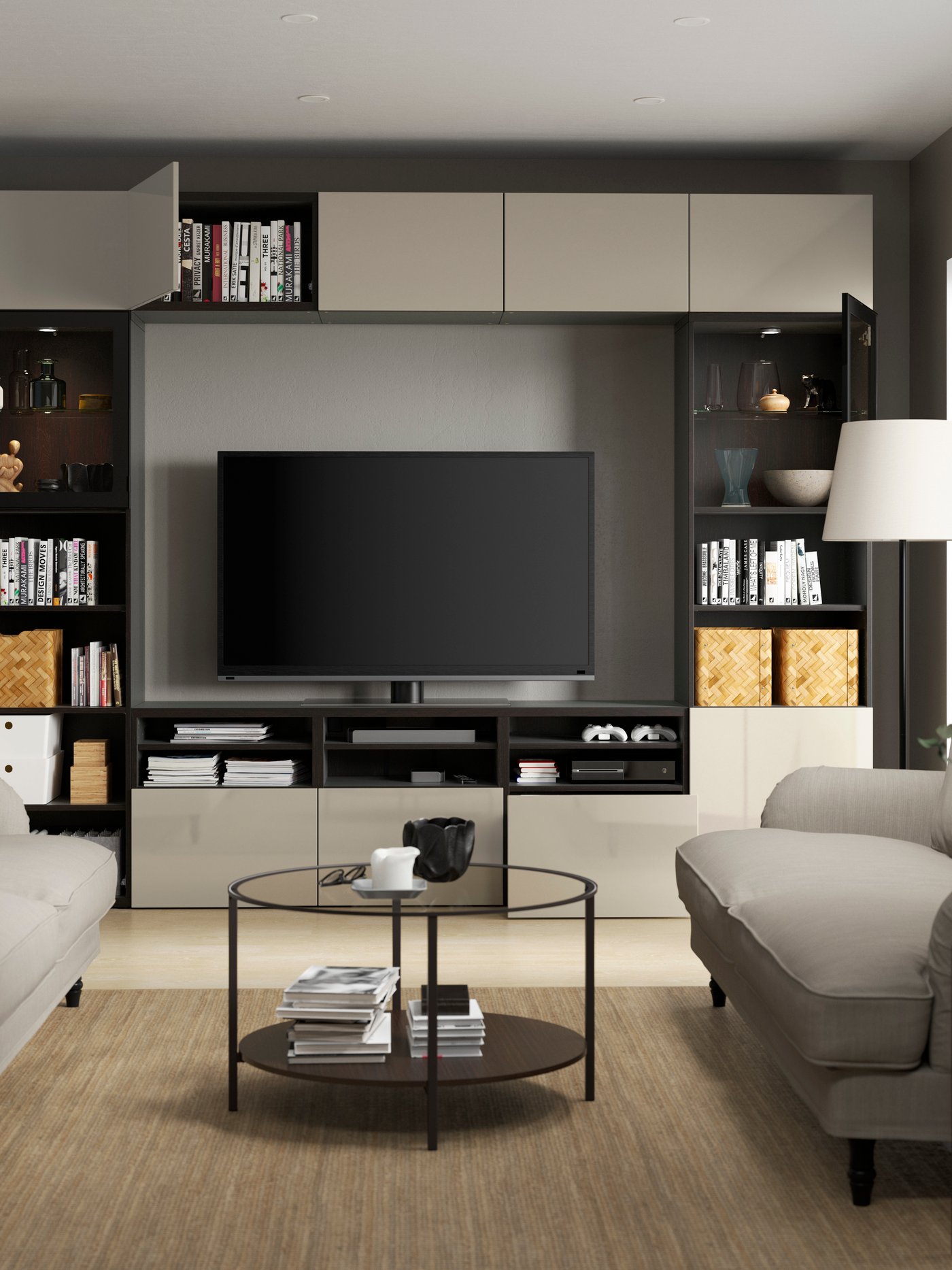 A black-brown/Selsviken high-gloss/beige clear glass BESTÅ TV storage combination/glass doors
