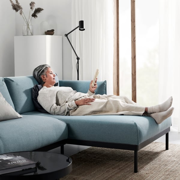 A Gunnared light blue ÄPPLARYD 3-seat sofa with chaise longue