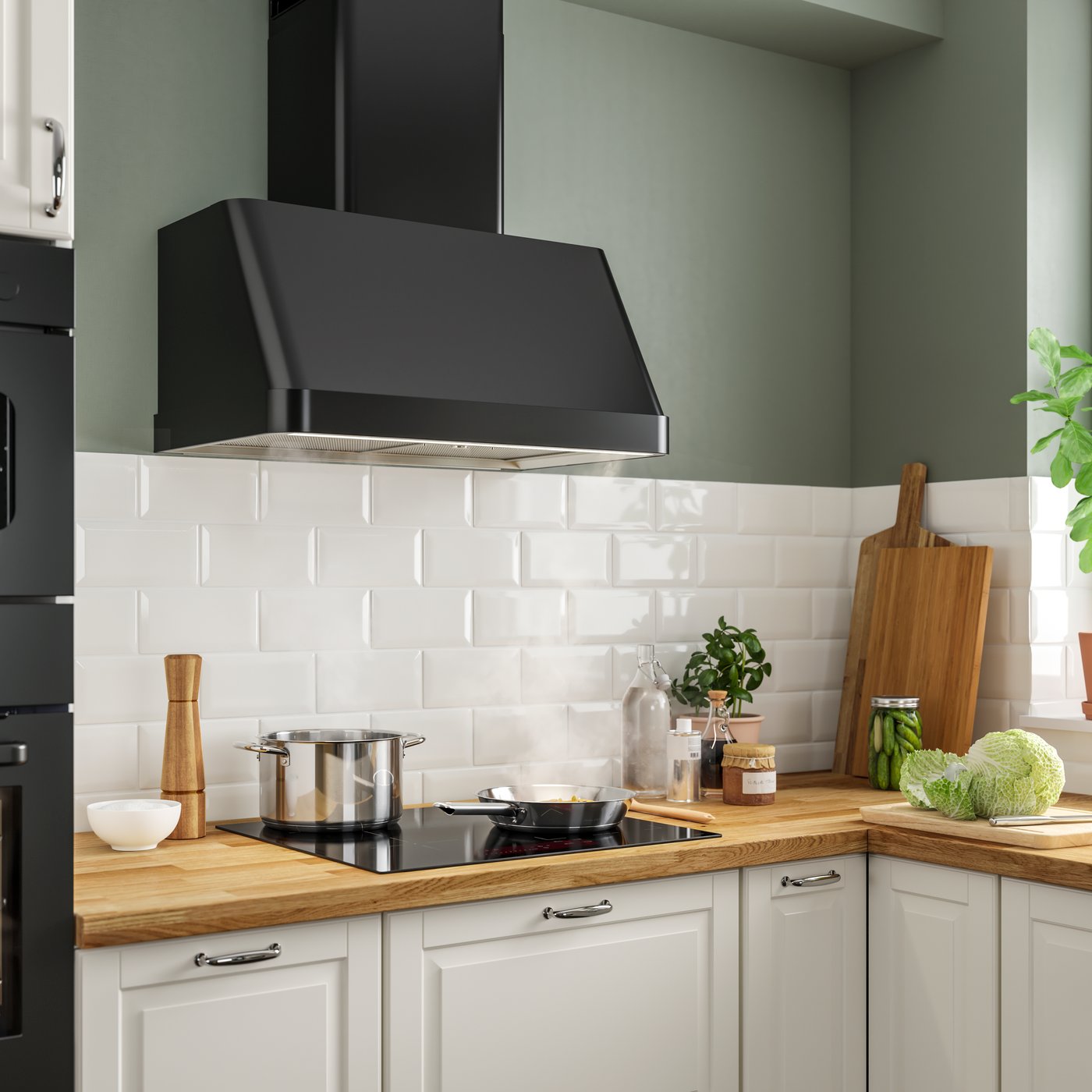 Una cucina con ante bianche e top in legno con piano a induzione e una cappa nera