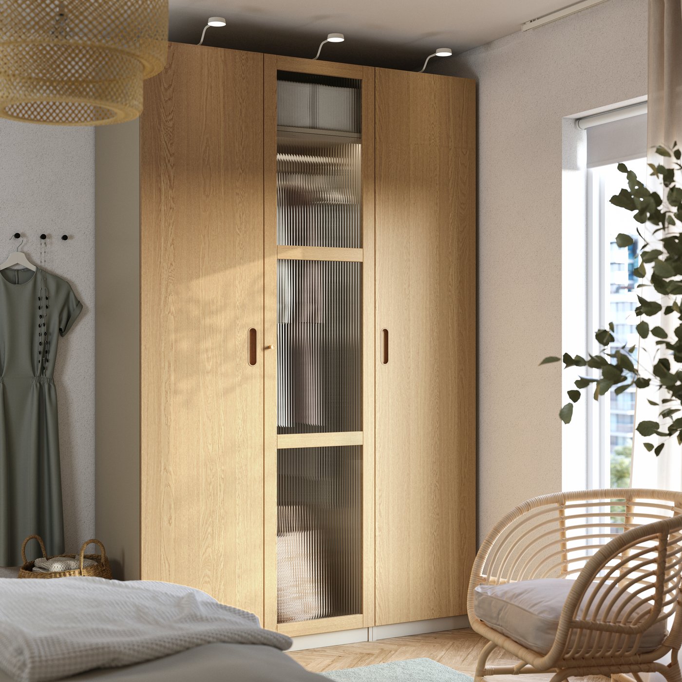 IKEA PAX / TONSTAD garderobskombination, gråbeige/ekfaner glas, 150x60x236 cm