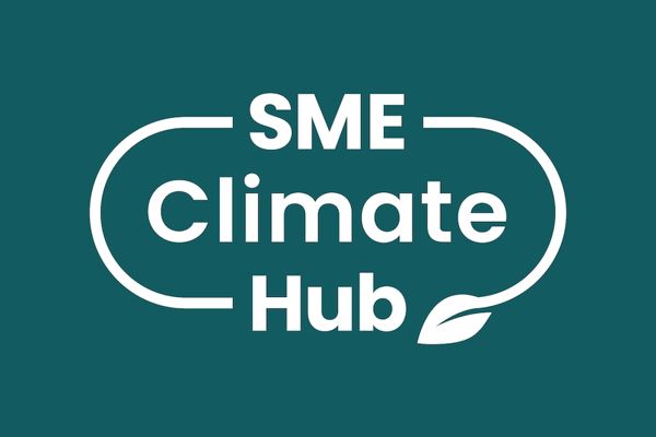 Logo of SME Climate Hub with bold white text on a dark teal background, featuring a leaf design.