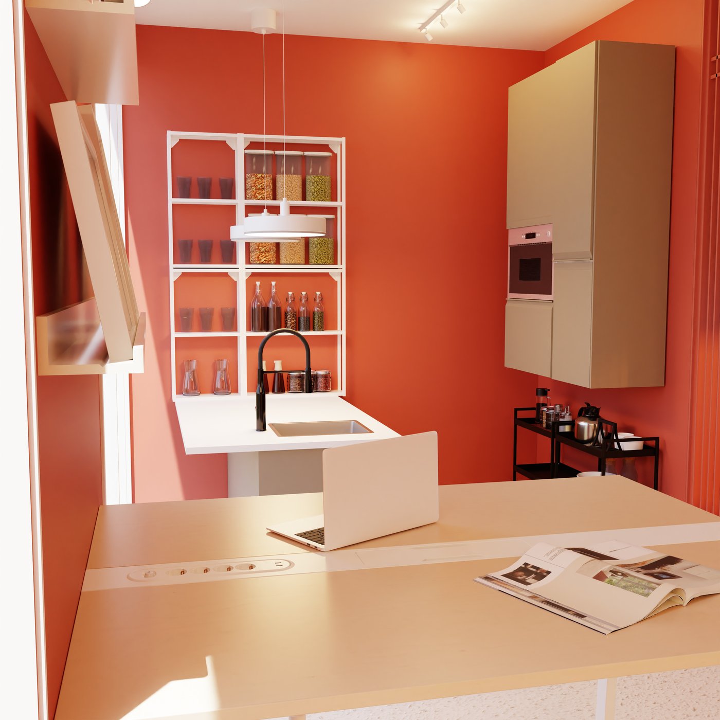 Moderne Küche mit roten Wänden, weißer Arbeitsplatte, Spüle, Laptop und offenen Regalen voller Vorräte.