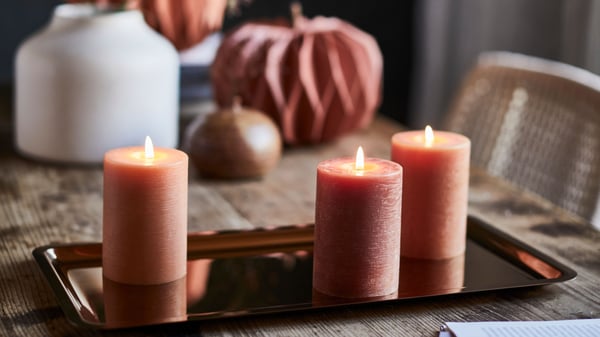 HÖSTAGILLE collection block candles and candle dish for Halloween decorations