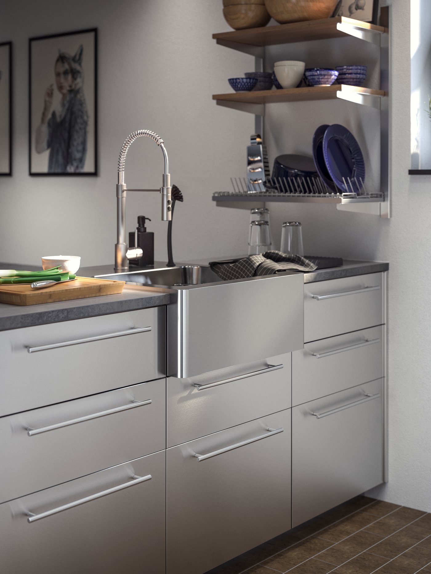 A concrete effect/laminate EKBACKEN worktop in the kitchen