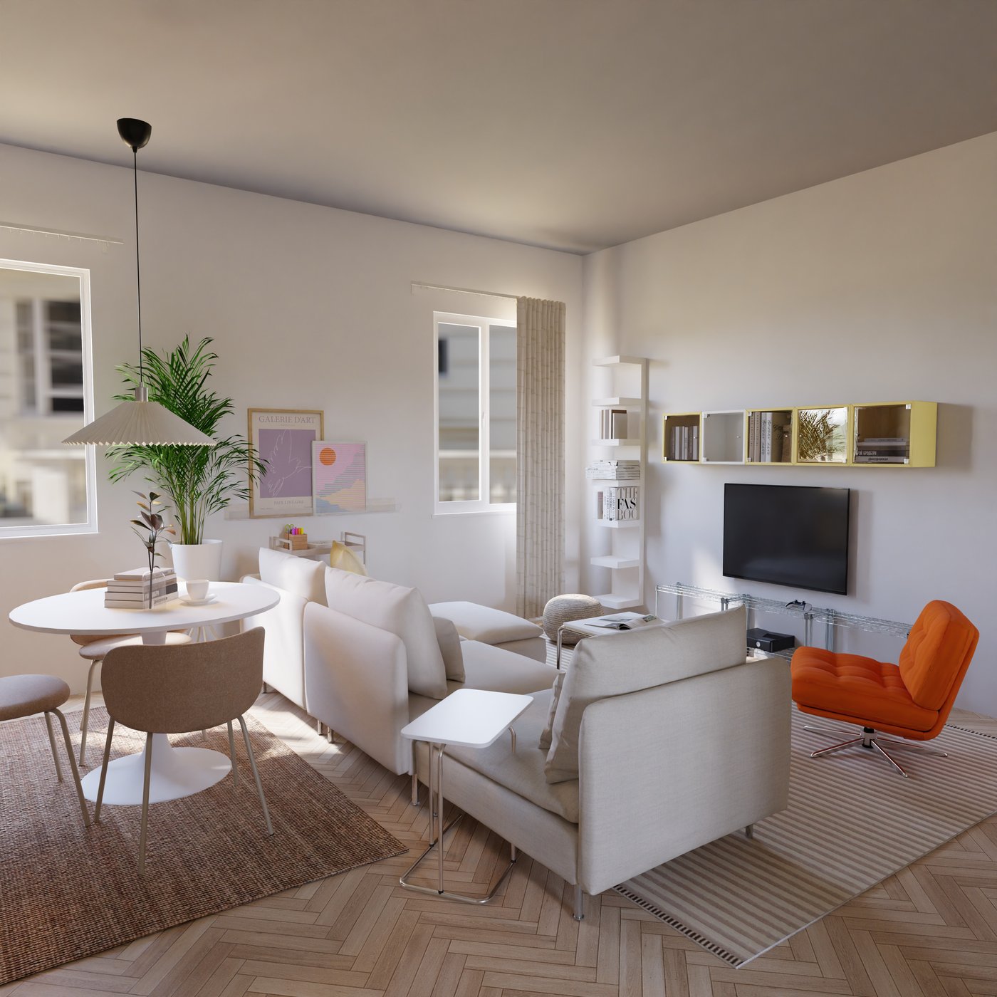 Sofalandschaft mit Esstisch und Tv inklusive Wandaufbewahrung.