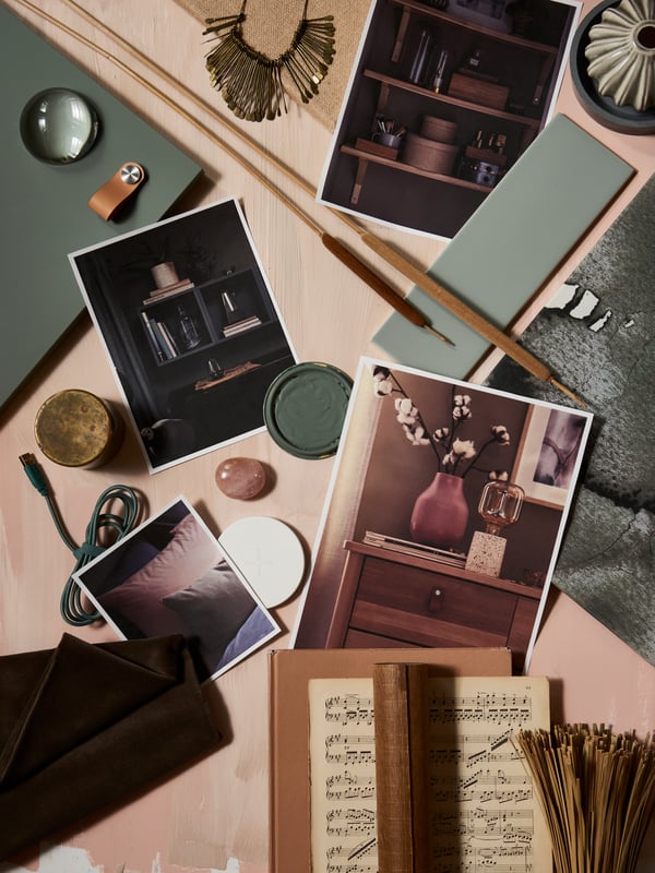 A mix of pictures, objects and colours to create a moodboard.