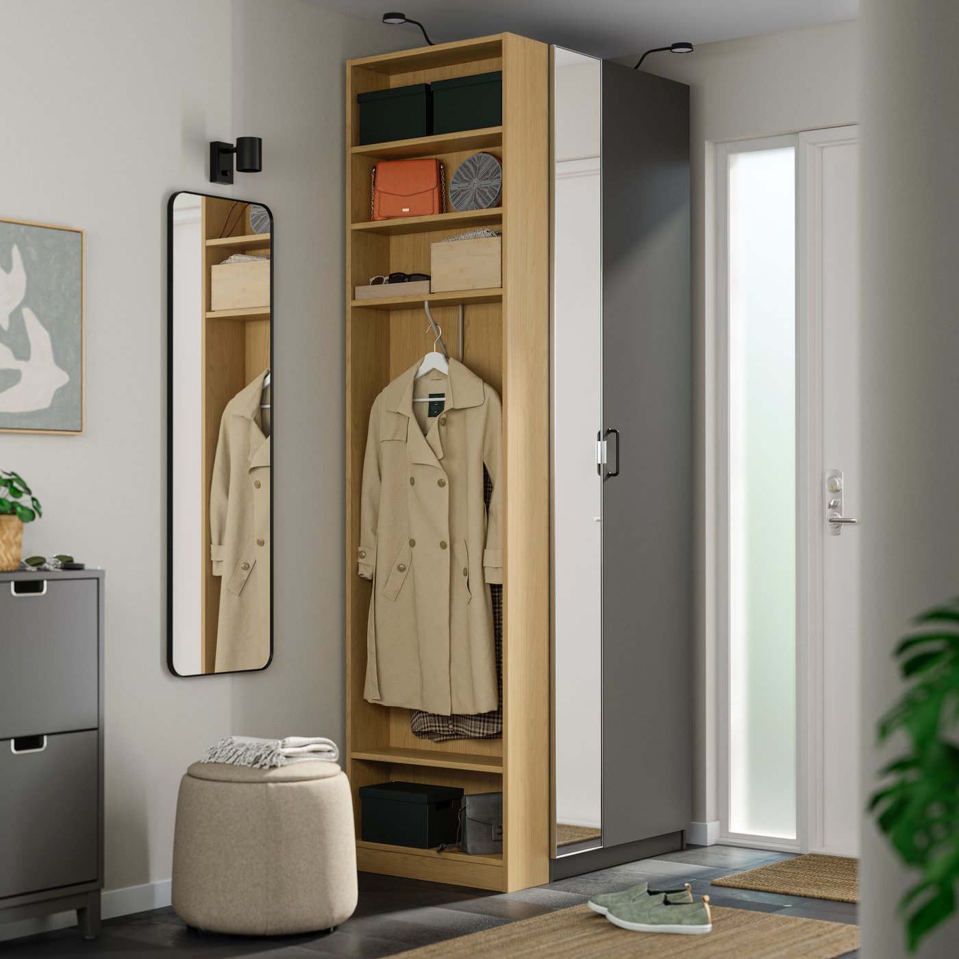 IKEA PAX / FORSAND/ÅHEIM garderobskombination, mörkgrå mörkgrå/spegelglas ekmönstrad, 95x60x236 cm