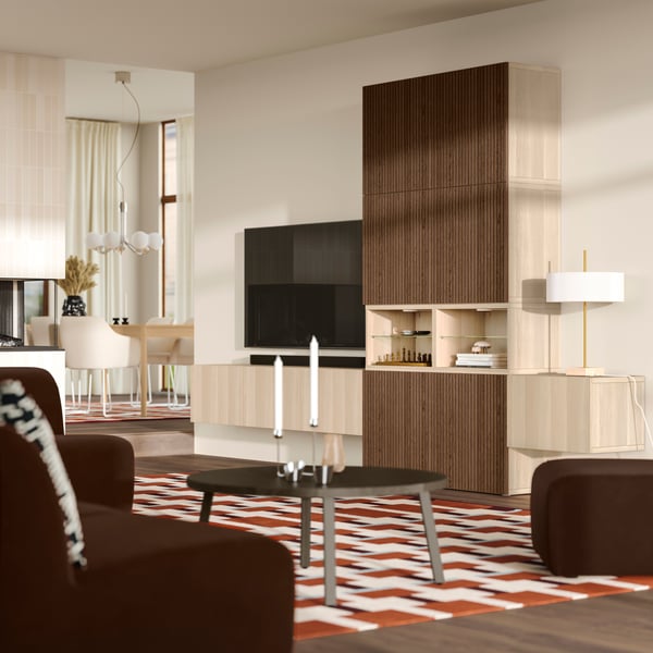 A white stained oak effect Lappviken/Björköviken brown BESTÅ media storage combination