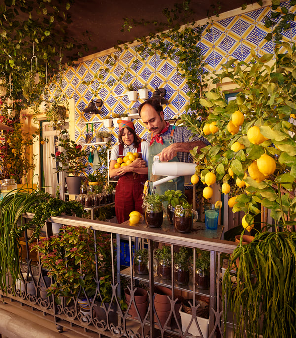 pictures of a balcony with plants and IKEA products.