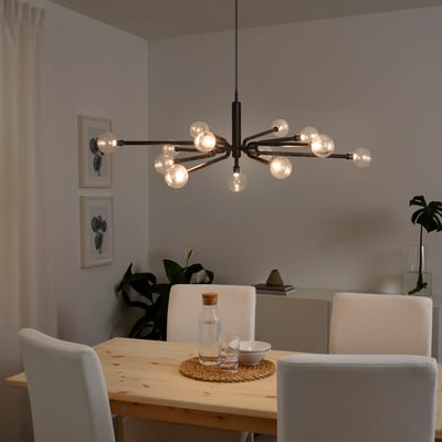 A black GRINSBYN chandelier w light bulbs, 13-armed
