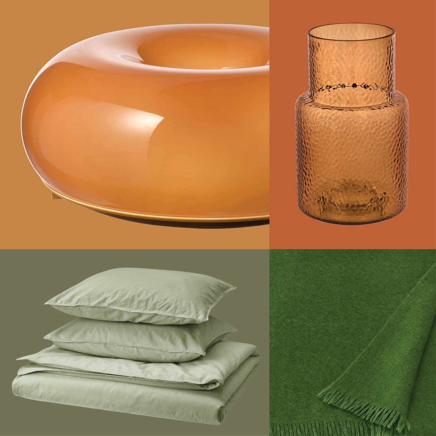 A green throw, an amber textured glass vase, a black lamp base with a white shade, and pale green IKEA bedding create a warm and coordinated interior mood.