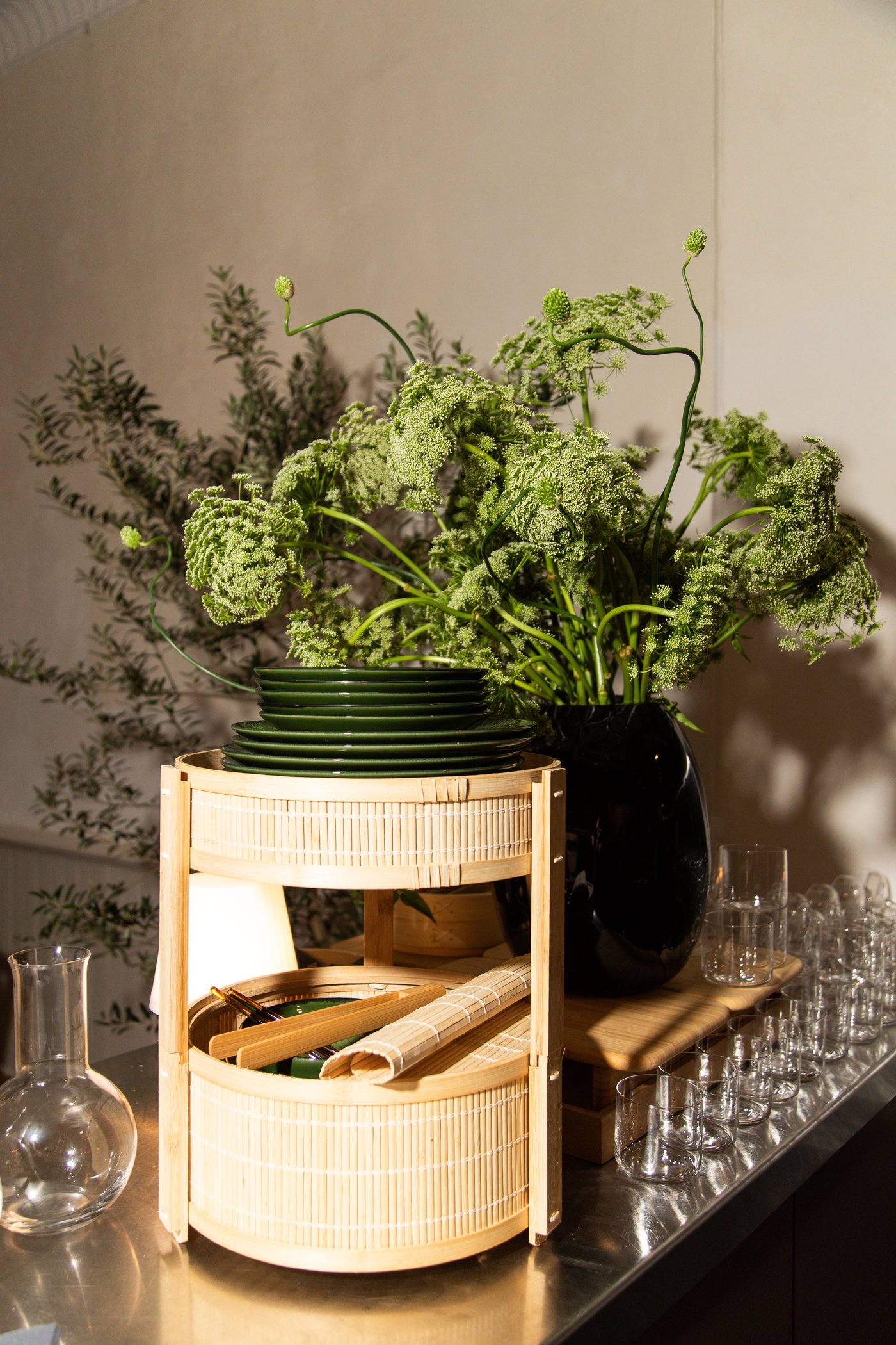 decor on a table with greenery
