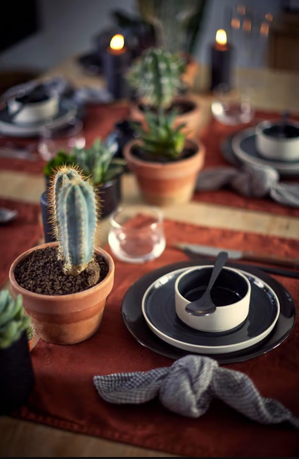 Festlich gedeckter Tisch mit schwarzem Geschirr, rotem Läufer und mehreren Kakteen in Töpfen als Tischdekoration.