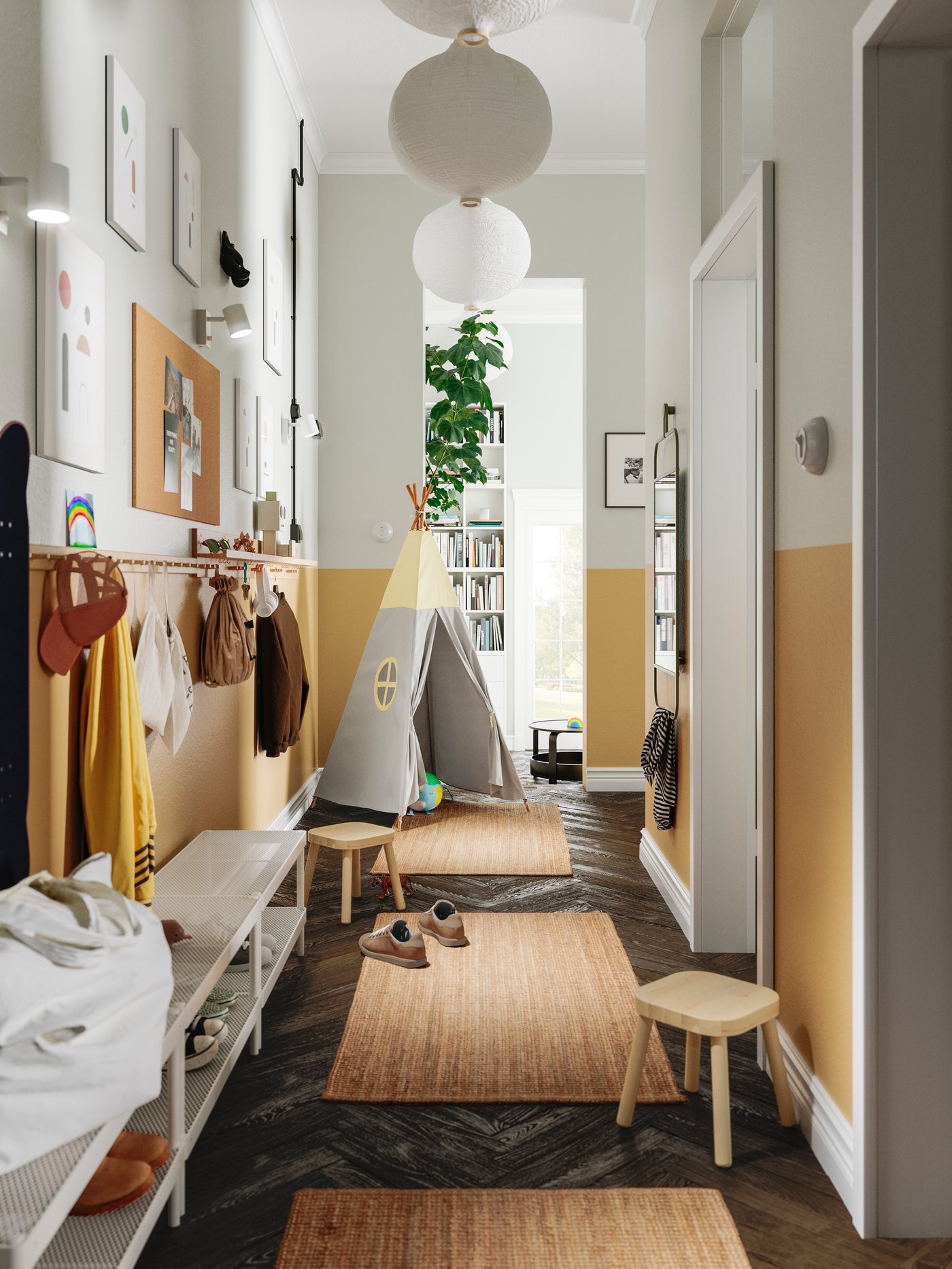 En avlång hall väl möblerad.