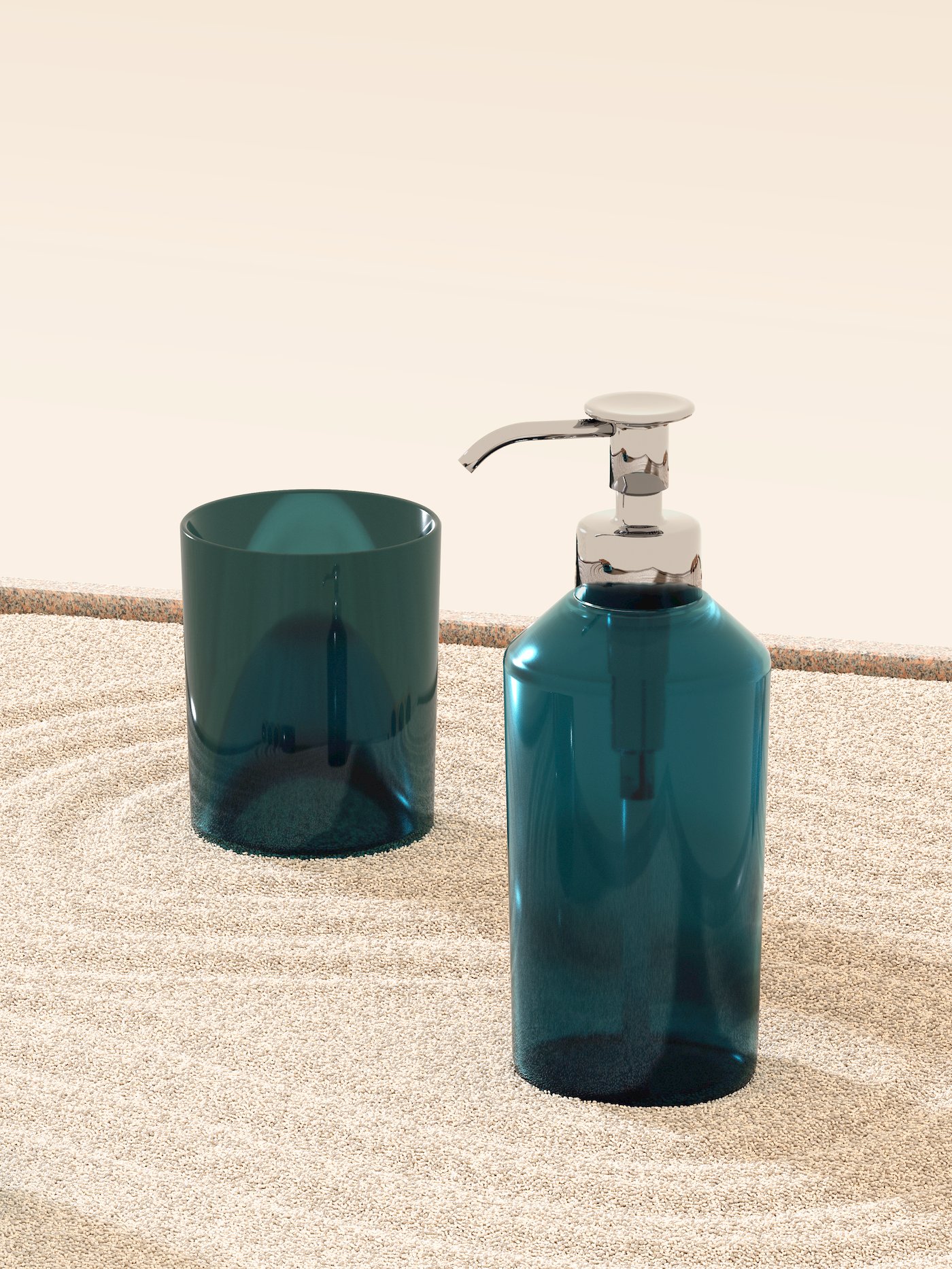 Green-glass SKISSEN soap dispenser and toothbrush holder stand on yellow sand, raked into swirls, before a yellow background.