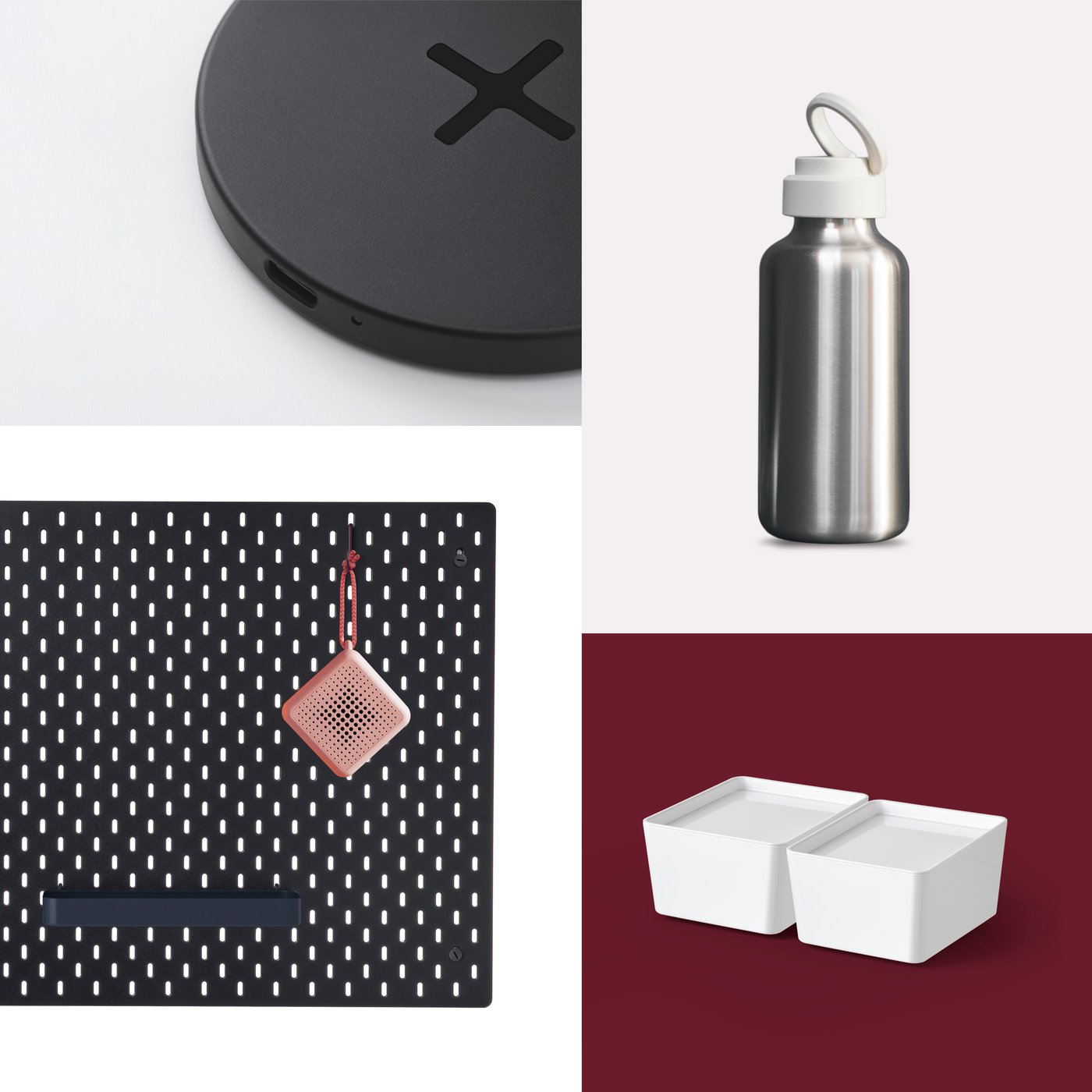 Vierteilige Collage mit einem kabellosen Ladegerät, einer Wasserflasche aus Metall, einer SKÅDIS Lochplatte und KUGGIS Boxen mit Deckeln.