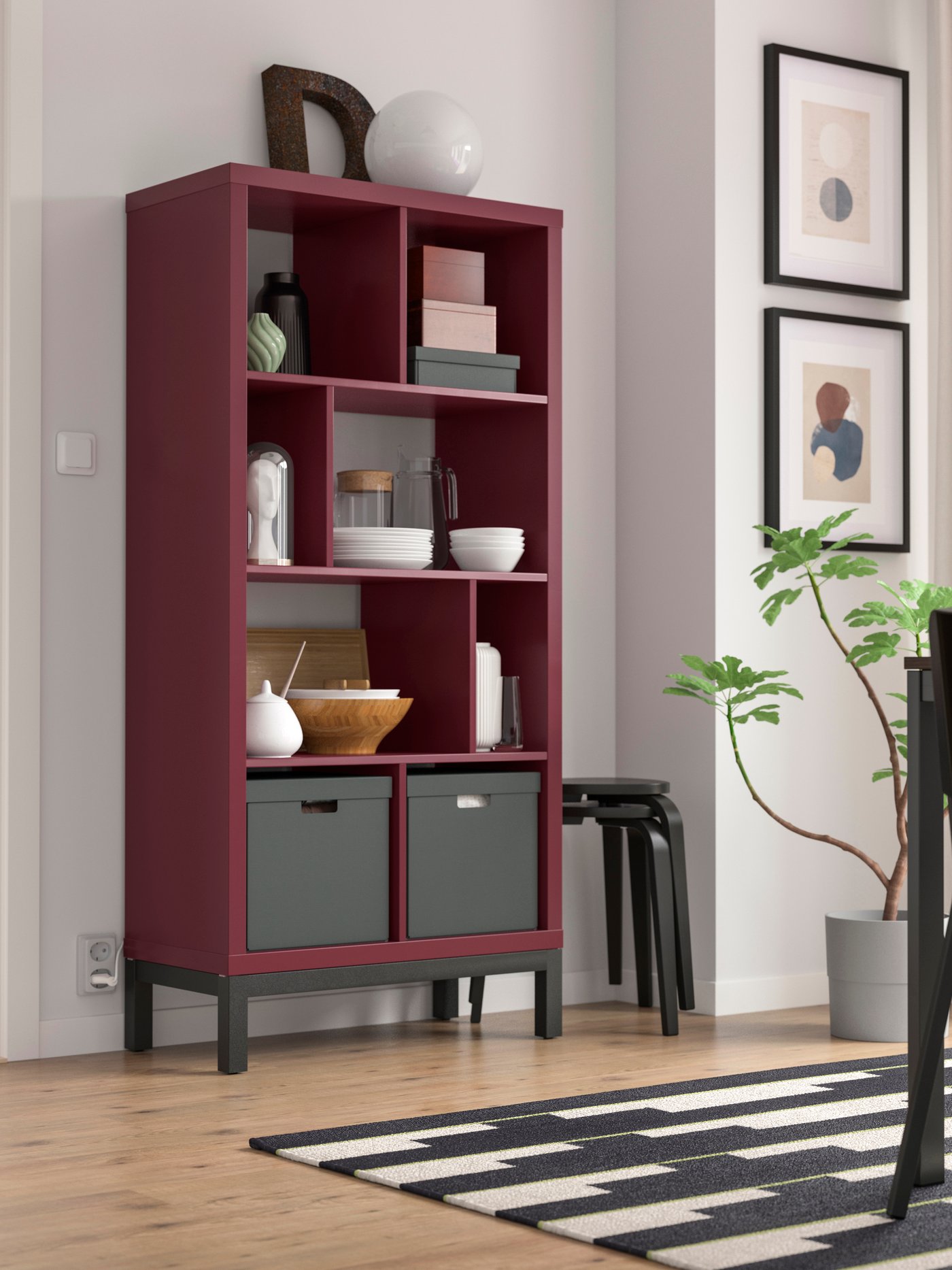 A brown-red/black KALLAX shelving unit with underframe