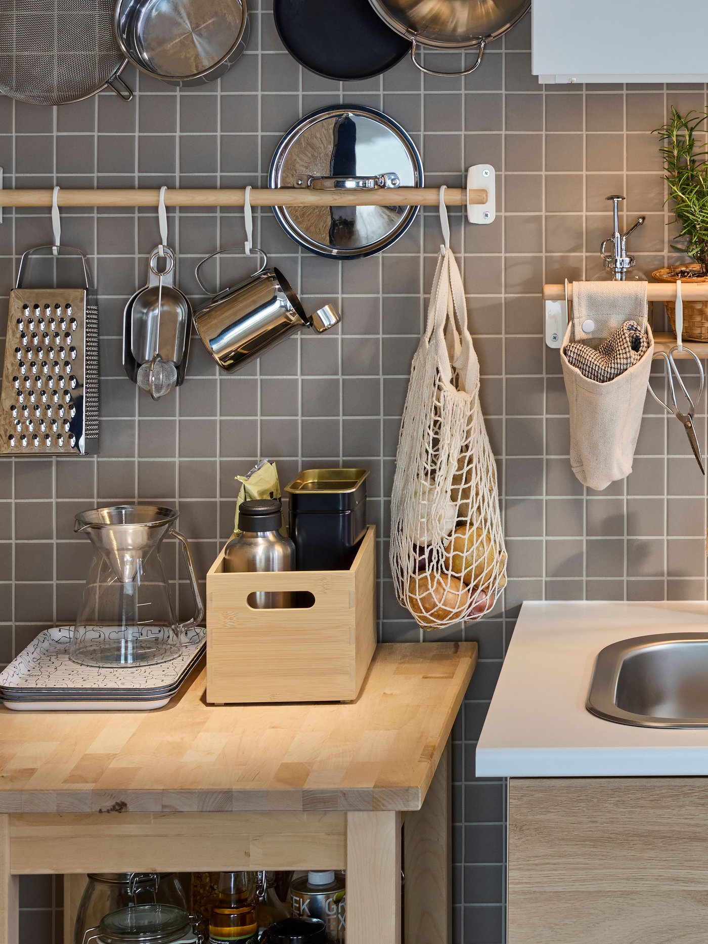 A birch BEKVÄM kitchen trolley in the kitchen