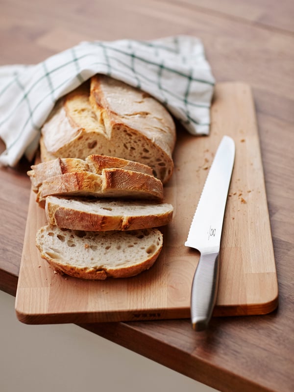 A stainless steel IKEA 365+ bread knife in the kitchen