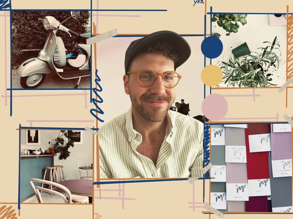 Es ist ein Moodboard mit einem Porträt von Carlo und Bildern in Pastellfarben und Naturtönen zu sehen.