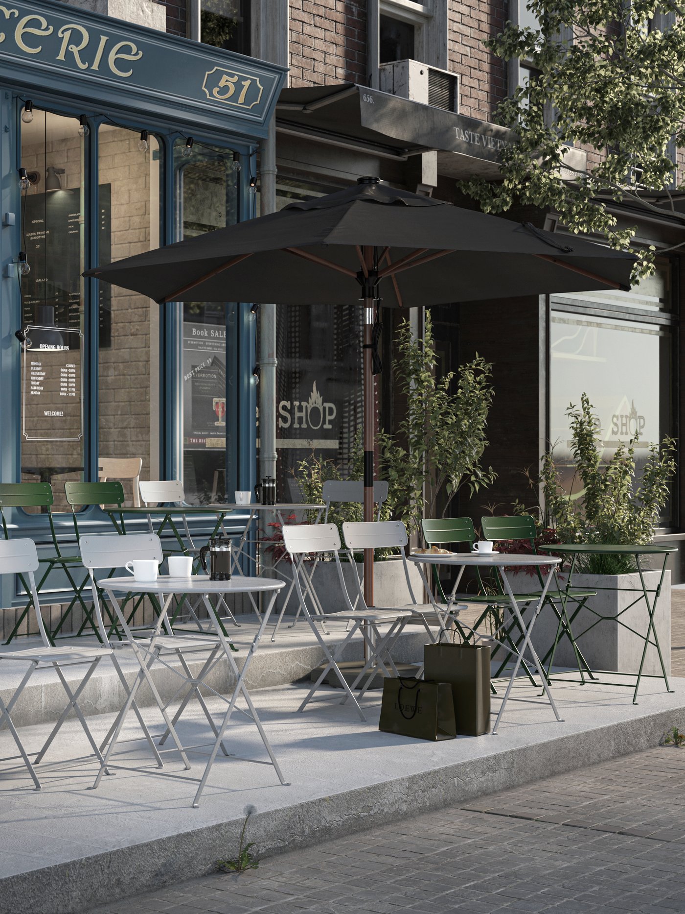 The terrace of a café with grey and green SUNDSÖ chairs and tables in lines facing outwards. An open parasol is on one side.