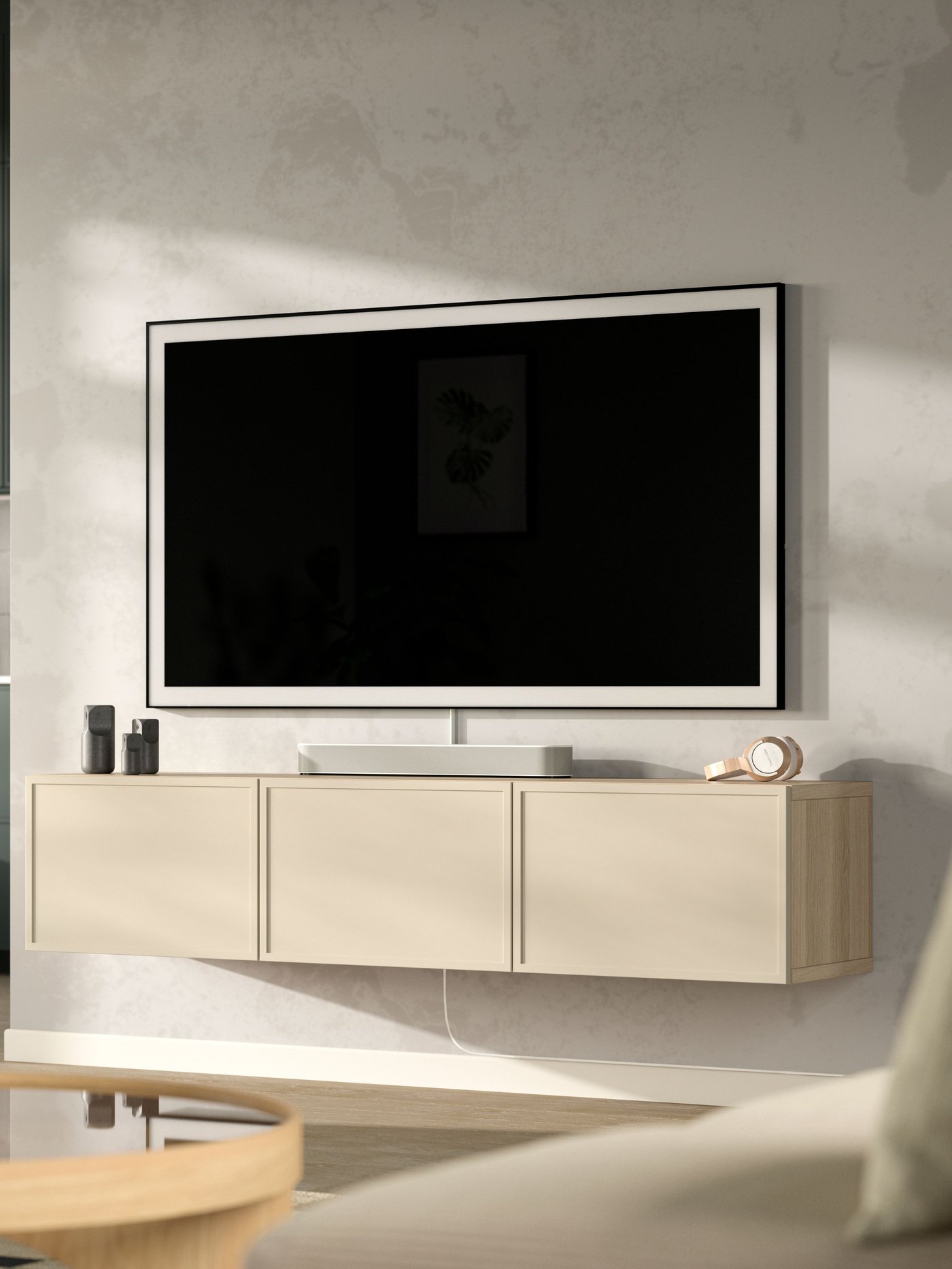 A white stained oak effect/Krukmakare beige BESTÅ TV bench with doors