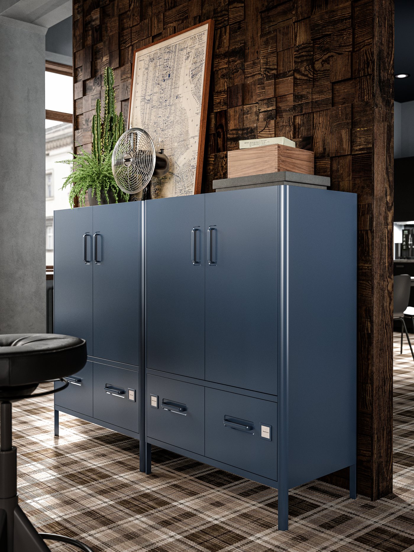 Ein blauer IDÅSEN-Schrank mit Türen und Schubladen im Heimbüro